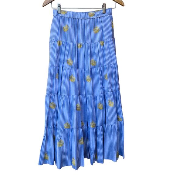 J Crew Striped Midi Skirt Blue Womens Size XS Pineapple Embroidered Lined - Picture 2 of 8